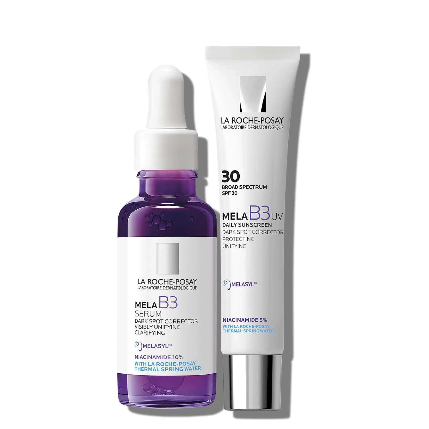 La Roche-Posay Suero Mela B3 para el tratamiento de manchas oscuras e Hidratante diario Mela B3 UV con SPF 30 — Serum